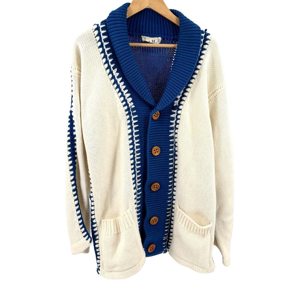 Vintage 90s L n M Blue Ivory Whipstitch Shawl Collar Oversized Cardigan